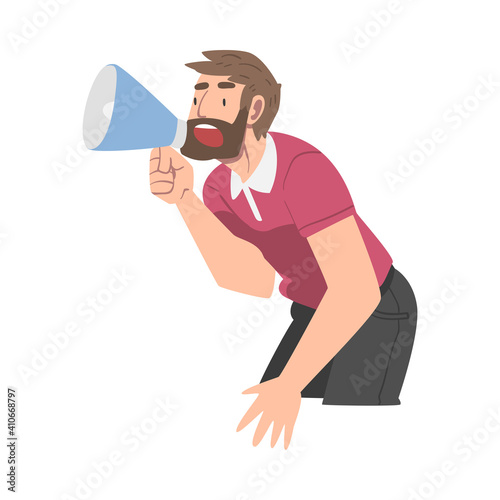 Man Character with Megaphone or Loudspeaker Making Announcement and Advertising Something Vector Illustration