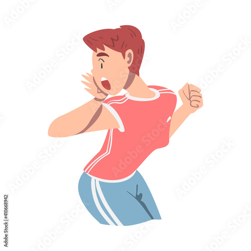 Woman Character Holding Hand Near Mouth and Shouting or Screaming Loud to the Side Vector Illustration