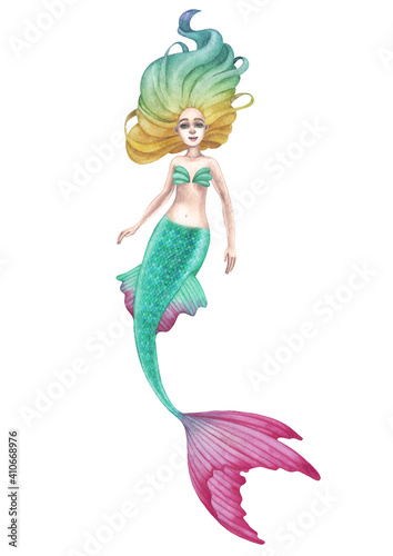 Swimming watercolor mermaid isolated on white background
