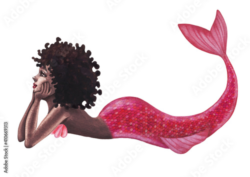 Watercolor lying mermaid isolated on white background
