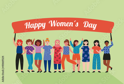 happy womens day lettering card with interracial girls lifting banner