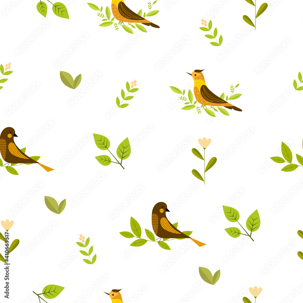 Fototapeta premium Pattern with cute birds and flowers. Little birds, seamless pattern. Vector illustration.