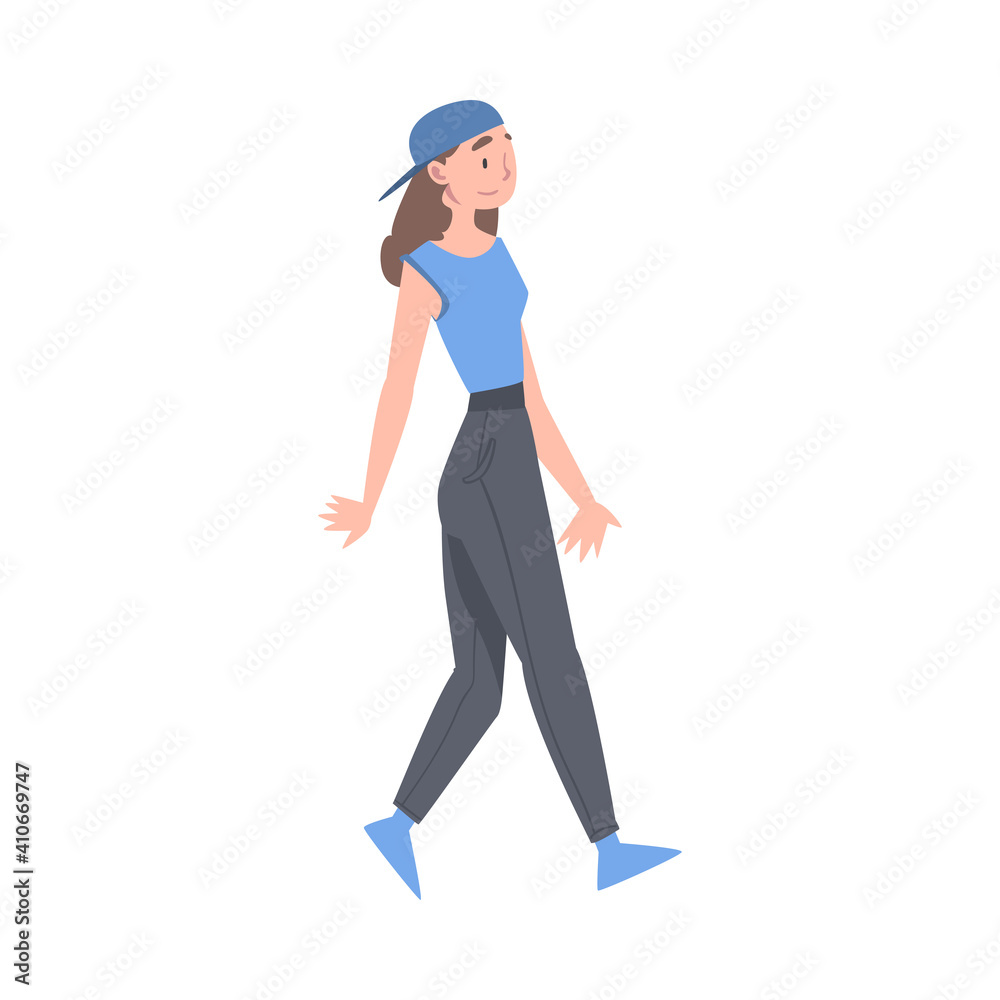 Woman Character Wearing Baseball Cap Going or Walking Taking Steps Forward Side View Vector Illustration Woman Character Wearing Baseball Cap Going or Walking Taking Steps Forward Side View Vector Illustration