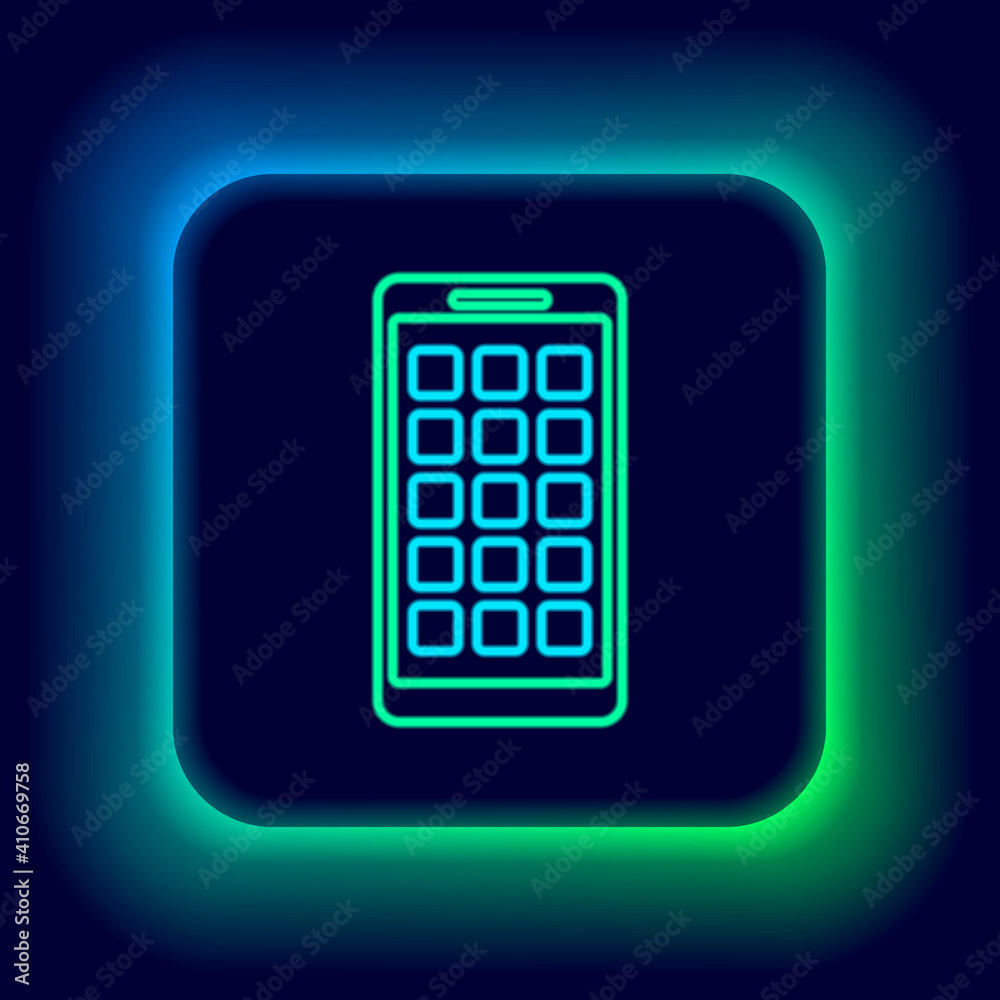 Glowing neon line Mobile Apps icon isolated on black background. Smartphone with screen icons, applications. mobile phone showing screen. Colorful outline concept. Vector. Glowing neon line Mobile Apps icon isolated on black background. Smartphone with screen icons, applications. mobile phone showing screen. Colorful outline concept. Vector.