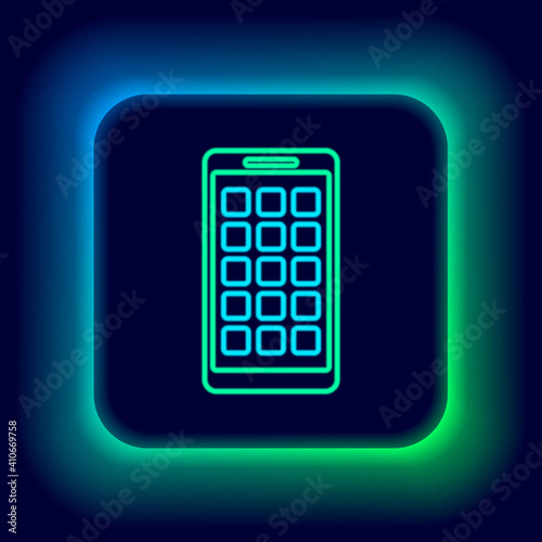 Glowing neon line Mobile Apps icon isolated on black background. Smartphone with screen icons, applications. mobile phone showing screen. Colorful outline concept. Vector.