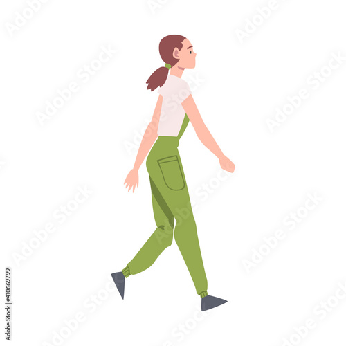 Woman Character Going or Walking Taking Steps Forward Side View Vector Illustration