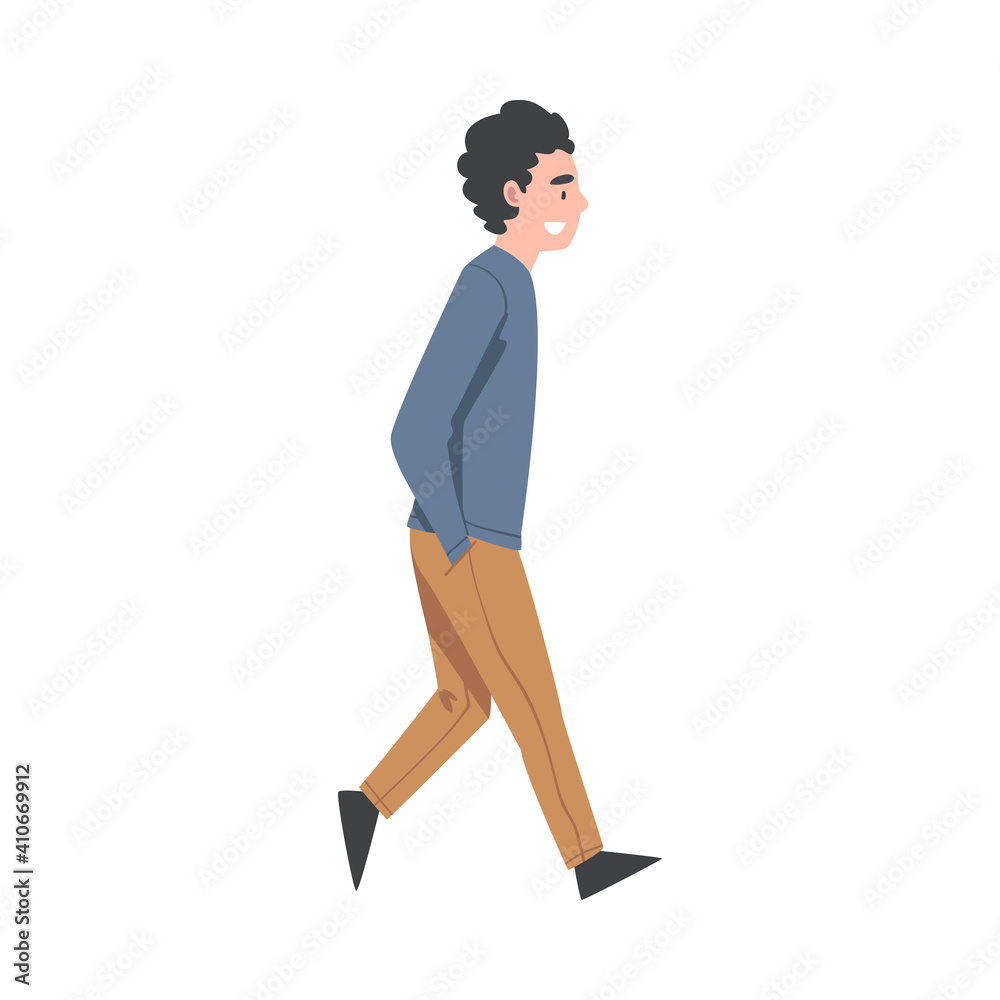 Walking Man Character with Hands in Pockets Taking Steps Forward Side View Vector Illustration Walking Man Character with Hands in Pockets Taking Steps Forward Side View Vector Illustration