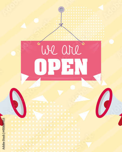 we are reopen commercial door label with megaphone