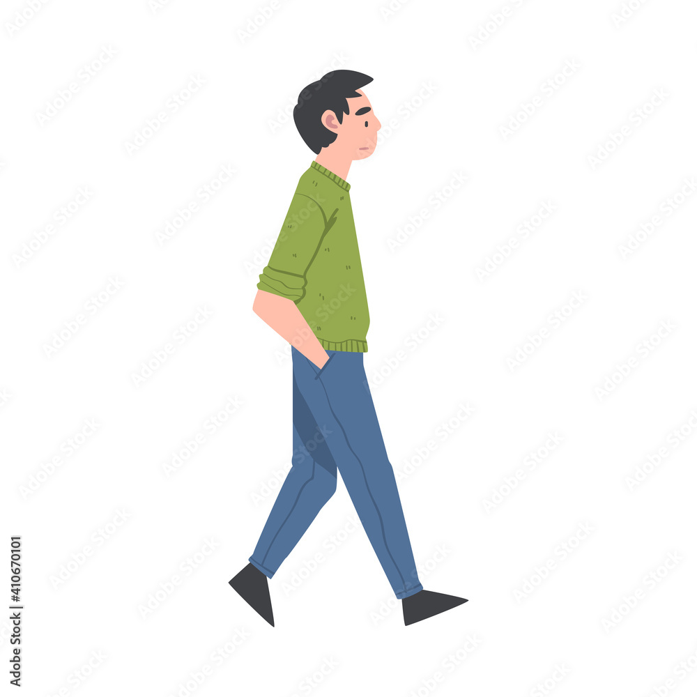 Walking Man Character with Hands in Pockets Taking Steps Forward Side View Vector Illustration