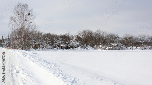 Suburbs of Grodno. Belarus. Winter landscape outside the city. Snowy field and village houses surrounded by a garden after a heavy snowfall. © Volha