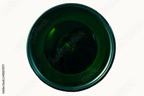 Objective lens of photo camera for photo or video closeup on white background