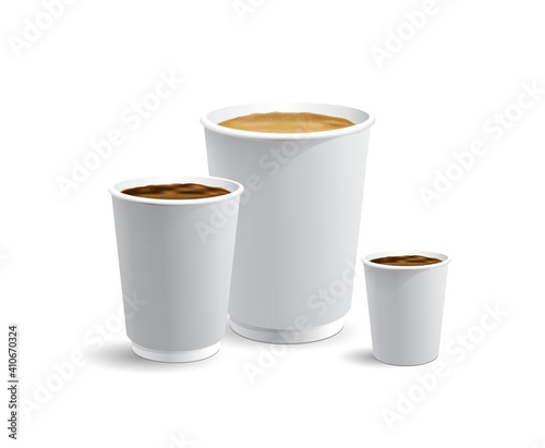 Set of white papar take away coffee cups for latte cappuccino and esspresso or americano full with coffee