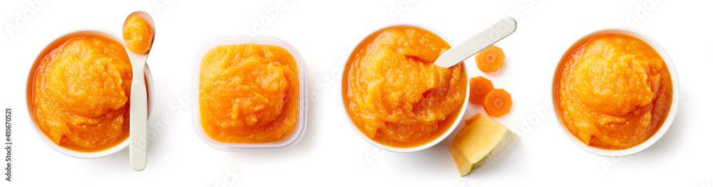 Pumpkin and carrot baby puree isolated on white, from above Pumpkin and carrot baby puree isolated on white, from above