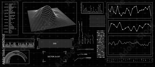 HUD futuristic interface. Hitech display with infographic elements. Dashboard with chart, diagram, line, graphic and data.