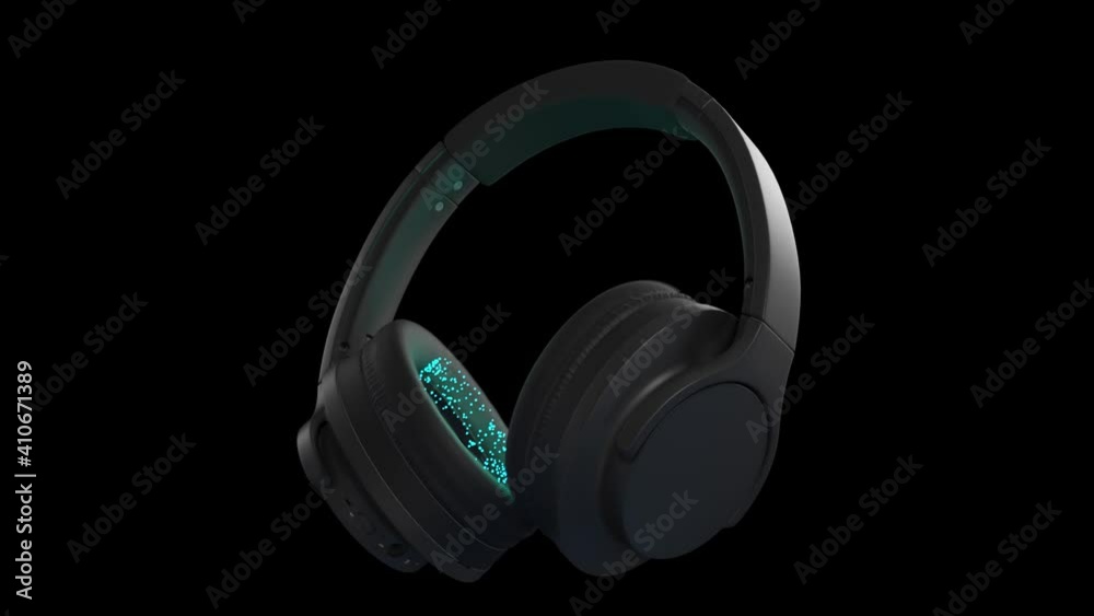 Grey headphone moving dancing to music on black background in rhythm equalizer volume. Slow motion animation for digital marketing. Sport technology advertisement animation of rotation blue particles Grey headphone moving dancing to music on black background in rhythm equalizer volume. Slow motion animation for digital marketing. Sport technology advertisement animation of rotation blue particles