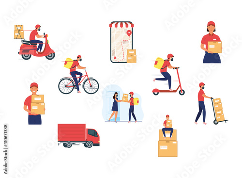 group of eight delivery workers team characters
