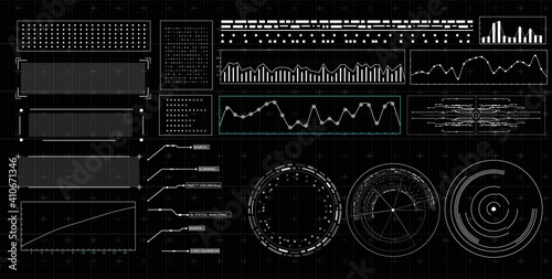HUD futuristic interface. Hitech display with infographic elements. Dashboard with chart, diagram, line, graphic and data.