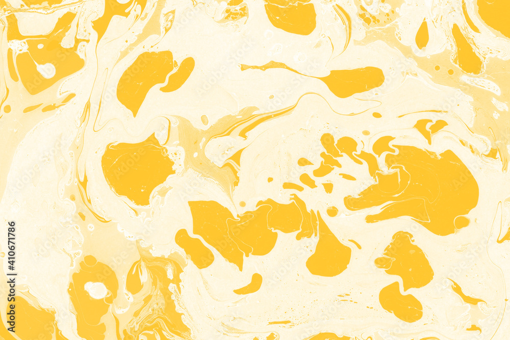 Naklejka premium Yellow luxury marble ink texture on watercolor paper background. Marble stone image. Bath bomb effect. Psychedelic biomorphic art.