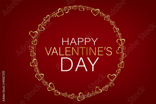 Valentines Day banner background. Love wallpaper design concept with golden hearts circular garland. Advertisement sale offer promo. Vector illustration.