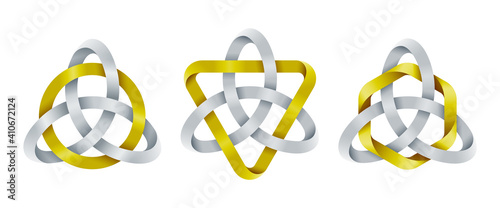 Set of triquetra knots with circle, triangle and hexagon shapes made of intertwined mobius stripes. Celtic trinity symbols. Vector illustration.