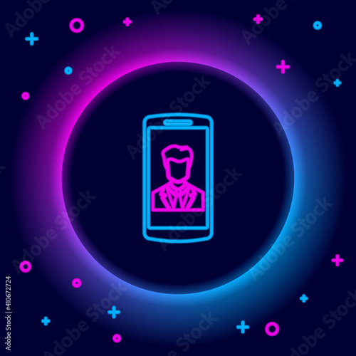 Glowing neon line Smartphone with contact on screen icon isolated on black background. Incoming call. Human on phone screen. Call contact. Colorful outline concept. Vector.