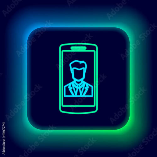 Glowing neon line Smartphone with contact on screen icon isolated on black background. Incoming call. Human on phone screen. Call contact. Colorful outline concept. Vector.