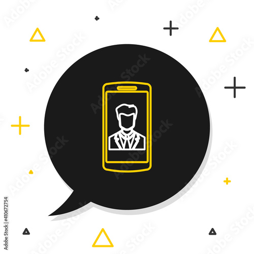 Line Smartphone with contact on screen icon isolated on white background. Incoming call. Human on phone screen. Call contact. Colorful outline concept. Vector.