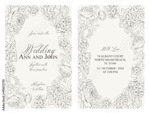 Marriage invitation card with custom sign and flower frame. Vector illustration.