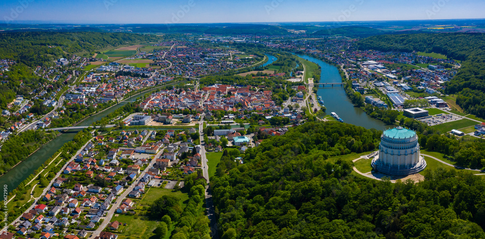 Aerial view of the city Kelheim in Germany, Bavaria on a sunny spring day	