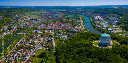 Aerial view of the city Kelheim in Germany  Bavaria on a sunny spring day 