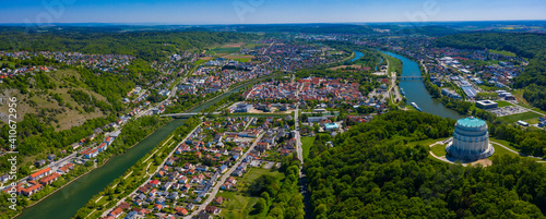 Aerial view of the city Kelheim in Germany, Bavaria on a sunny spring day 