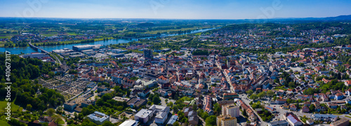 Aerial view of the city Deggendorf in Germany, Bavaria on a sunny spring day	 photo