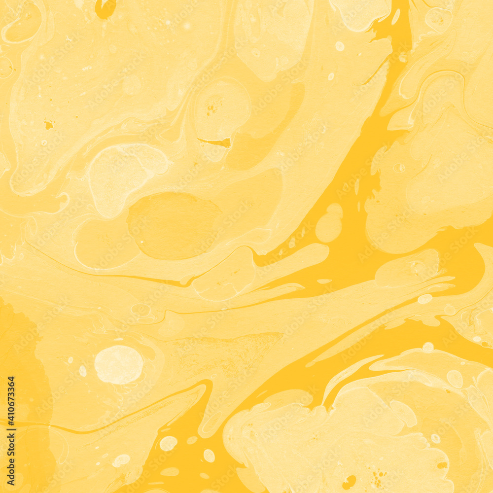Yellow luxury marble ink texture on watercolor paper background. Marble stone image. Bath bomb effect. Psychedelic biomorphic art.