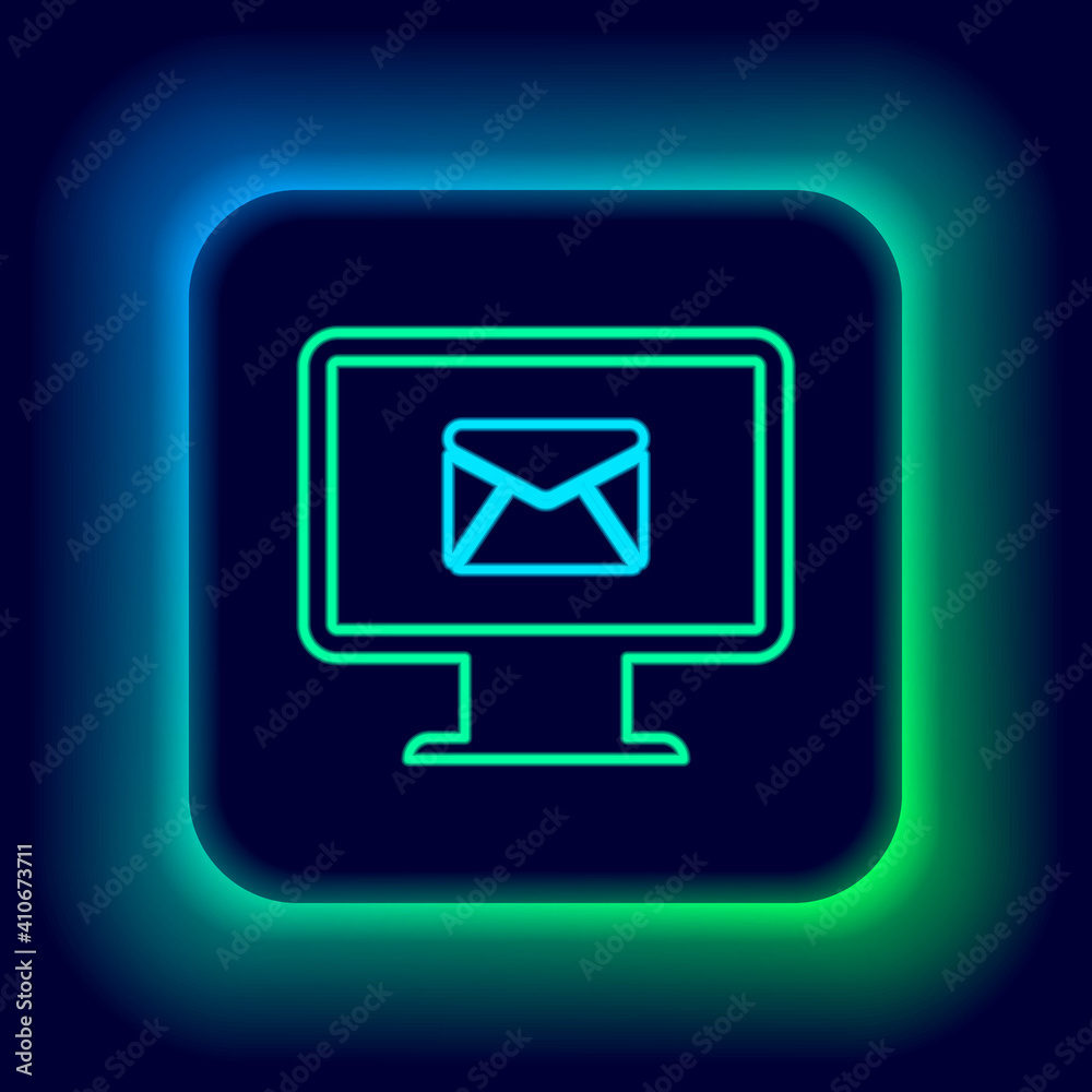 Glowing neon line Monitor and envelope, new message, mail, email icon isolated on black background. Usage for e-mail newsletters, headers, blog posts. Colorful outline concept. Vector. Glowing neon line Monitor and envelope, new message, mail, email icon isolated on black background. Usage for e-mail newsletters, headers, blog posts. Colorful outline concept. Vector.