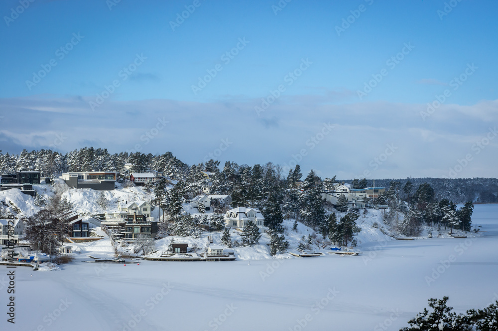 Winter snowy landscape of Swedish coast. The shore of Baltic sea overgrown with pines and firs covered with snow. Traditional  wooden houses surrounded by forest. Scandinavia in the winter season.