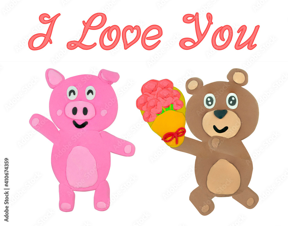 plasticine brown Bear give pink rose flower in yellow wrapping to pink pig concept love or valentine plasticine brown Bear give pink rose flower in yellow wrapping to pink pig concept love or valentine