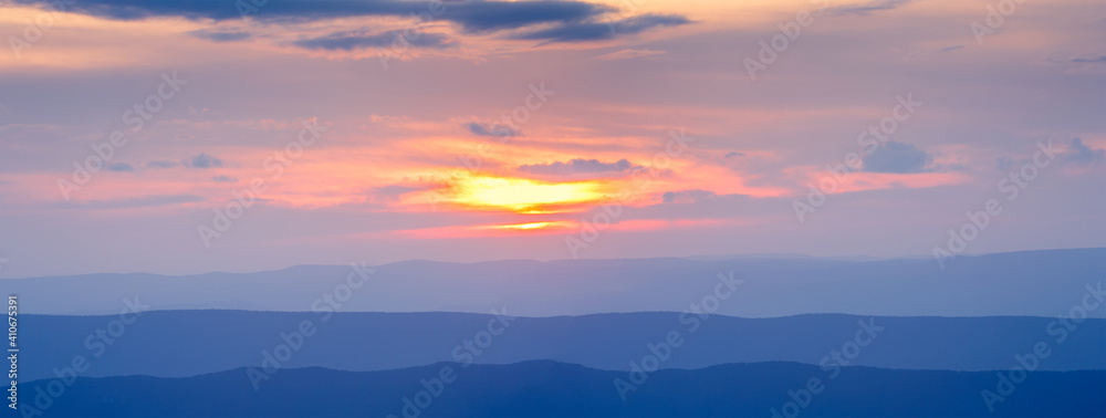 Panoramic sunset over a mountain range in Virginia USA