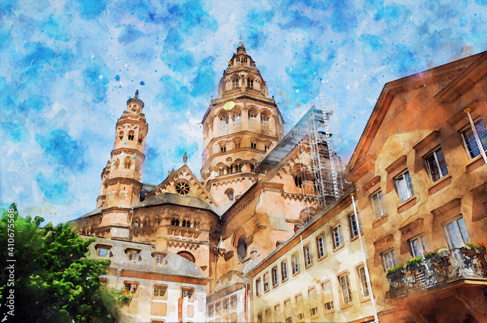 Watercolor painting of Mainz Cathedral in Germany.