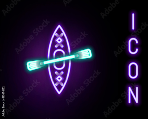 Glowing neon line Kayak and paddle icon isolated on black background. Kayak and canoe for fishing and tourism. Outdoor activities. Colorful outline concept. Vector.