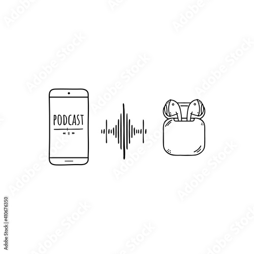 Wireless headphones for listening to music, podcast, radio on your phone. Phone, voice. Vector illustration. Freehand sketch.