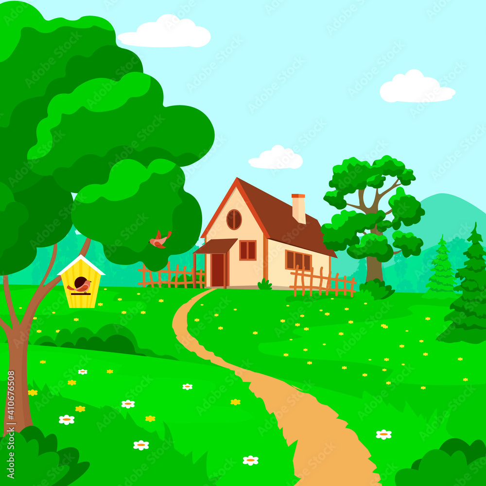 Vector illustration of nature, spring with birds and a house.