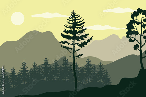 pines trees plants in forest landscape scene