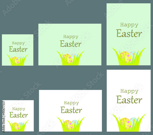 Happy Easter postcard set for print.  Colorful painted eggs for hunt in green grass. Yellow and blue egg. Standart size postcards.
