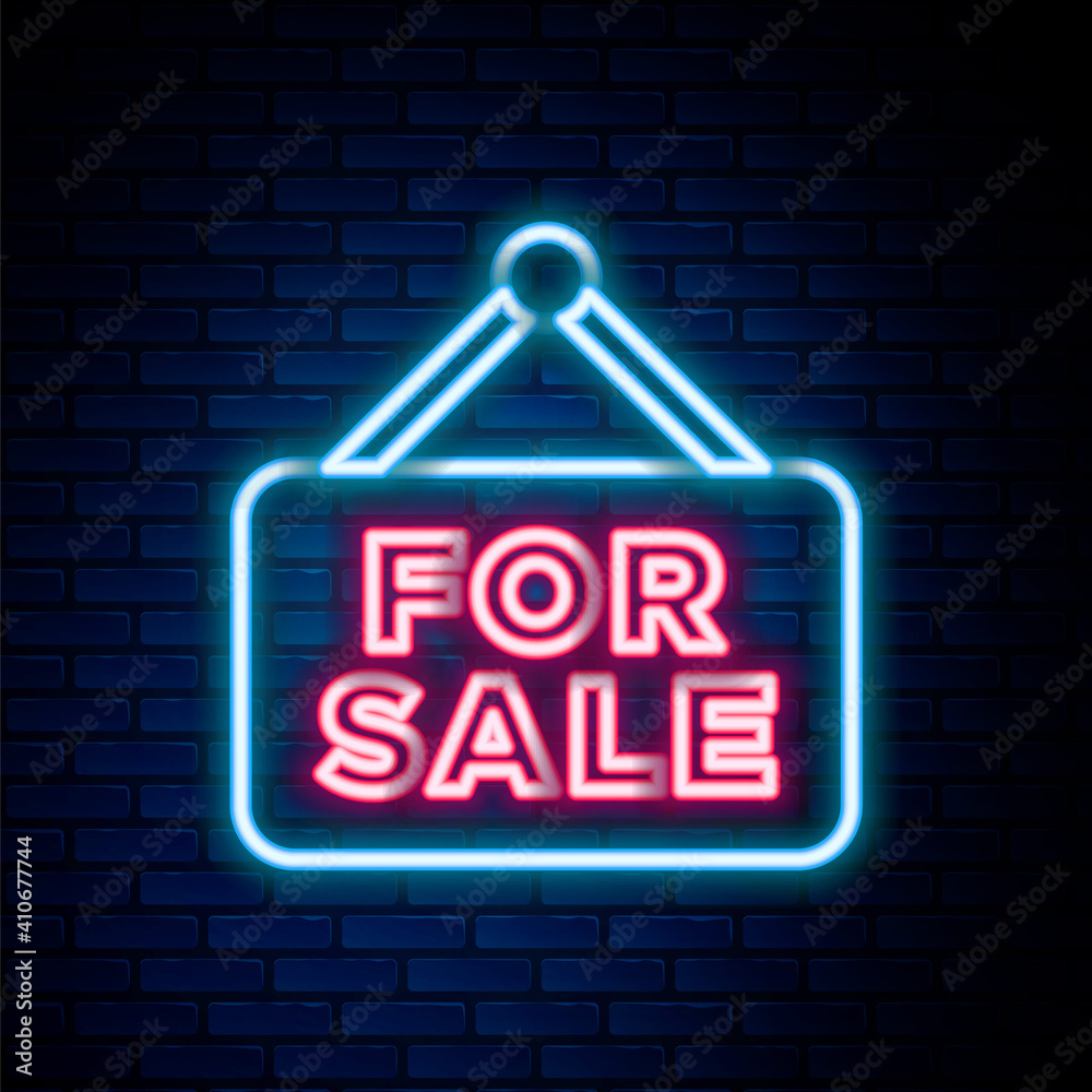Glowing neon line Hanging sign with text For Sale icon isolated on brick wall background. Signboard with text For Sale. Colorful outline concept. Vector. Glowing neon line Hanging sign with text For Sale icon isolated on brick wall background. Signboard with text For Sale. Colorful outline concept. Vector.