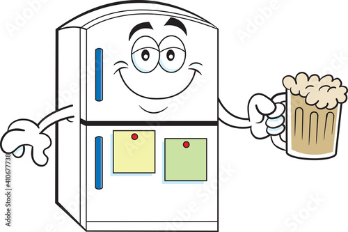 Cartoon illustration of a smiling refrigerator holding a mug of beer.