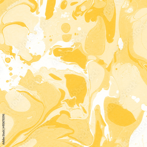 Yellow luxury marble ink texture on watercolor paper background. Marble stone image. Bath bomb effect. Psychedelic biomorphic art.