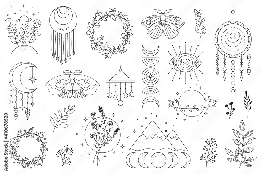 Vector hand drawn boho elements with cute moth, moon, wreath, branches ...