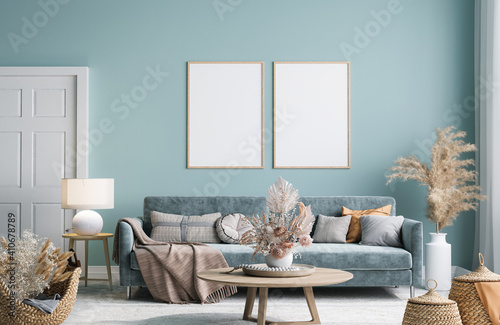 Home interior mock-up with blue sofa, wooden table and decor in modern living room, 3d render 