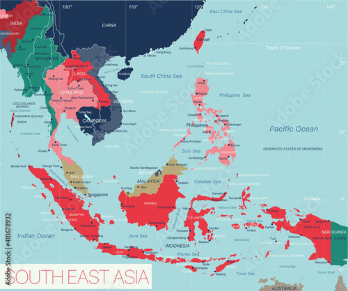 South East Asia region detailed editable map with countries cities and towns. Vector EPS-10 file