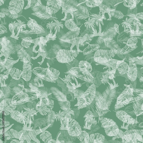 Seamless pattern with prehistoric animals, dinosaurs, leaves, palm trees, island and volcano. illustration.